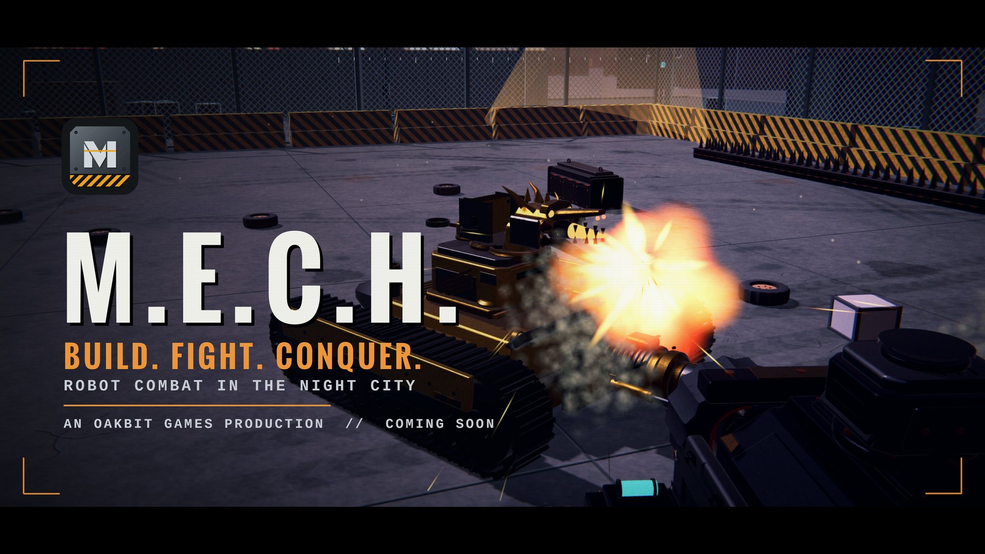M.E.C.H trailer title card: a gold tank-tracked battle robot firing in a night arena, with the M.E.C.H logo